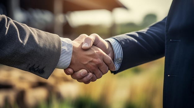 Handshake of two men in suit against the background of a farm