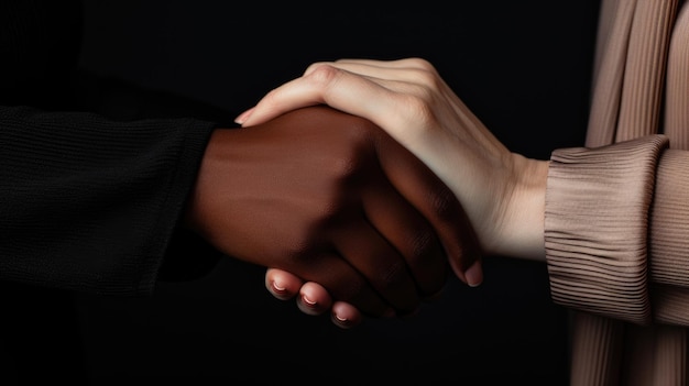Handshake between two people with different skin colors The concept of diversity and equality Created with Generative AI technology