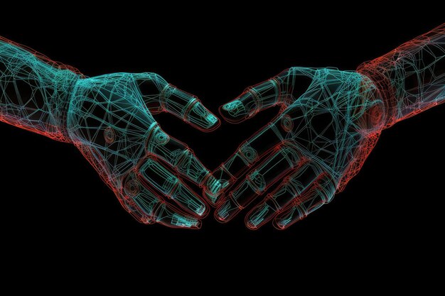 Handshake With Computer In Blue And Red On Black Background Generative AI