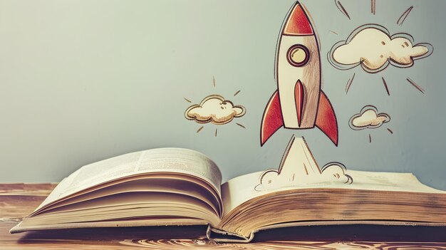 Photo handsketched rocket launching from open booksymbolizing startup venture and innovation