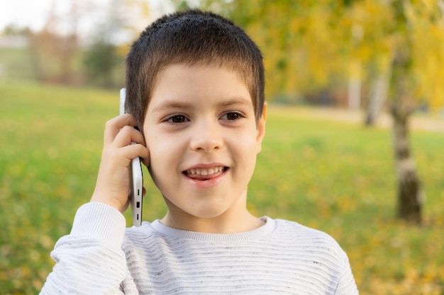 Handsome 6 year old boy talking on the phone while standing in park in autumn