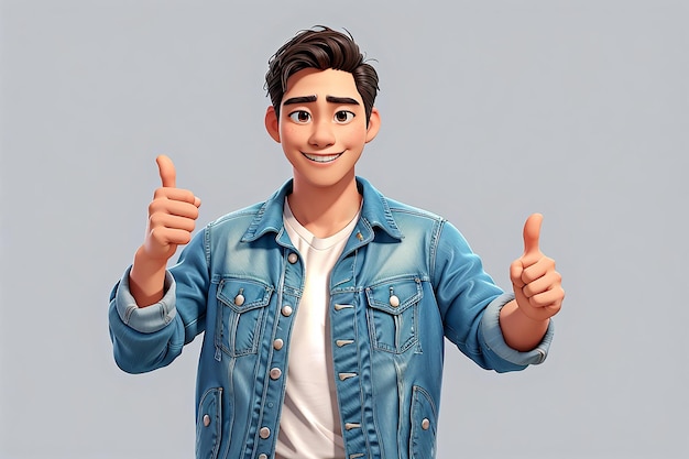 A handsome adult Asian man wearing denim jacket smiling and giving two thumbs up gesture isolated on white