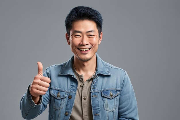 Photo a handsome adult asian man wearing denim jacket smiling