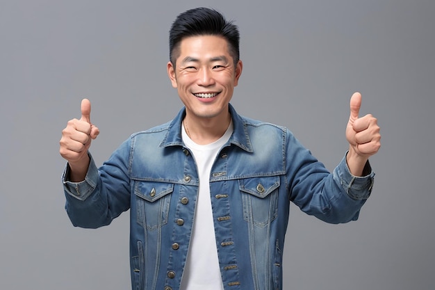 Красивый взрослый азиатский мужчина в джинсовой куртке улыбается