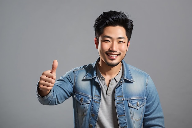 A handsome adult Asian man wearing denim jacket smiling