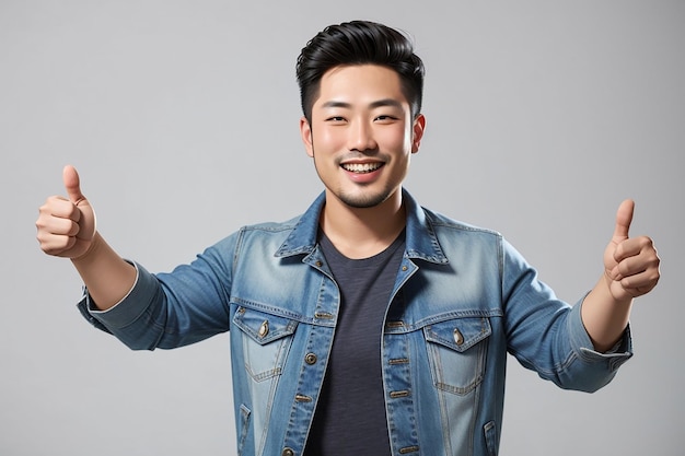 A handsome adult Asian man wearing denim jacket smiling