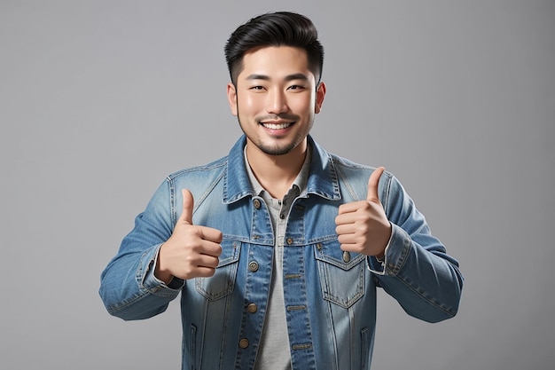 Photo a handsome adult asian man wearing denim jacket smiling