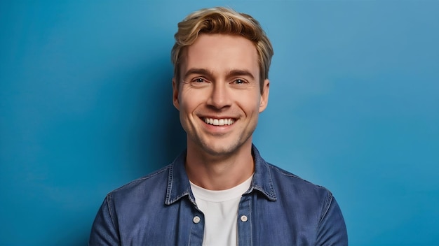 Handsome adult blond man smiling positively and confidently looking satisfied friendly and happy