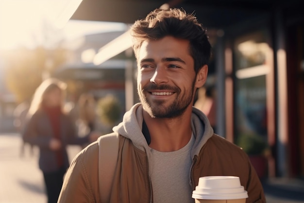 Красивый взрослый мужчина держит кофе на вынос на открытом воздухе