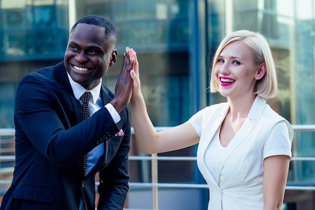 Handsome African American businessman in a stylish black suit talking high five with attractive blonde woman business lady on the street background office skyscraper successful deal idea