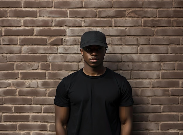 Handsome african american man in blank black tshirt standing against brick wall Created with Generative AI technology