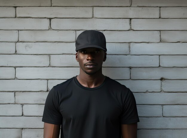 Handsome african american man in blank black tshirt standing against brick wall Created with Generative AI technology