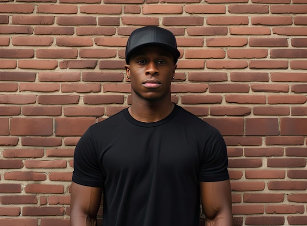 Handsome african american man in blank black tshirt standing against brick wall Created with Generative AI technology