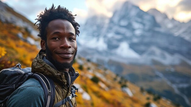 アフリカ系アメリカ人のハンサムな男性山の上でハイカーのセルフィーを撮りました