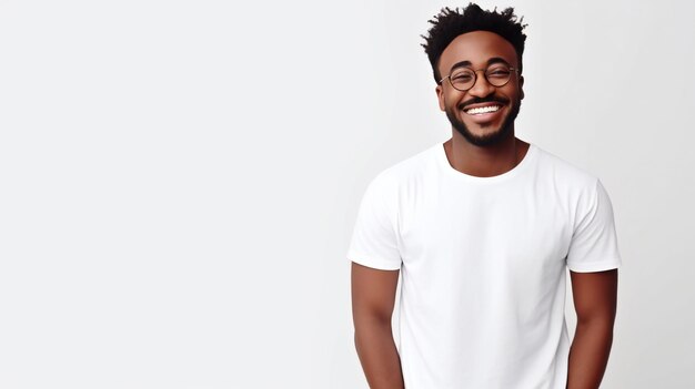 Handsome African American Man wearing white t shirt and glasses on white background with copy space