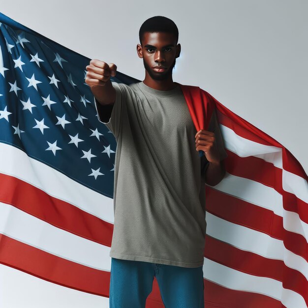 handsome african american patriot with usa flag Black History Month isolated on white background