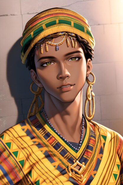 Handsome african man in a dashiki dress in anime style digital painting illustration