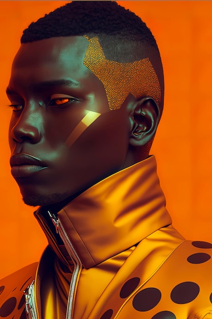 Handsome african masculine android man looking down vibrantorange background AIGenerated