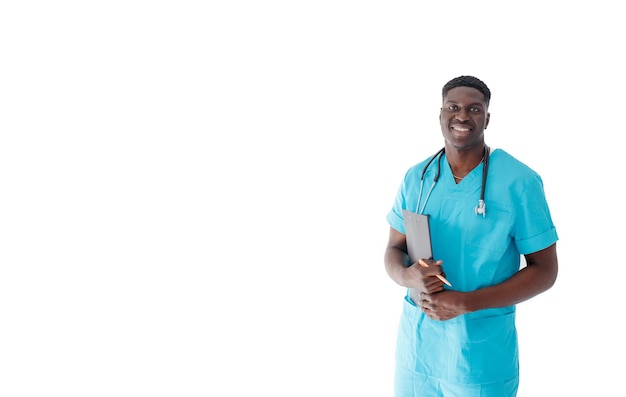 A handsome AfricanAmerican doctor smiles standing on a white isolated background