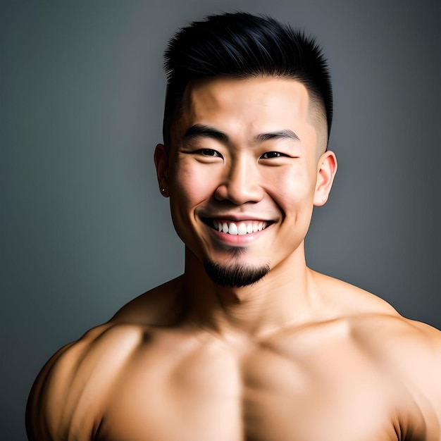 Handsome Asian Guy with Muscular Body and Trendy Hair Smiling Cutely Self Portrait