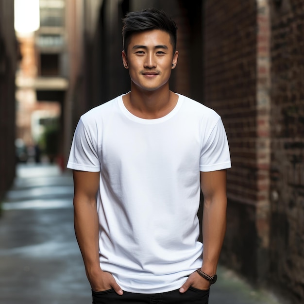 Handsome asian male wearing blank empty tshirt