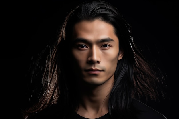 Photo handsome asian man contented expression and healthy long hair looking at camera