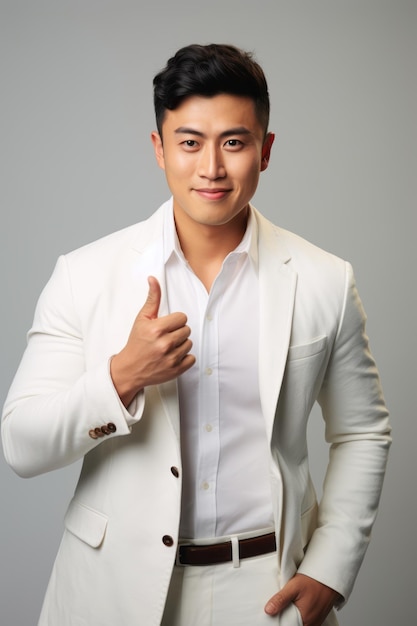 Handsome asian man emotional dynamic gestures on solid background