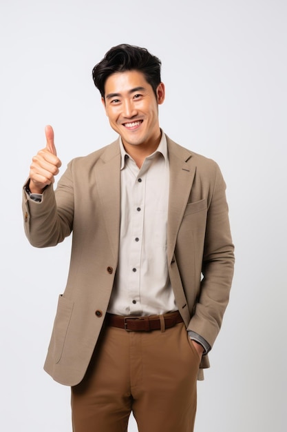 Handsome asian man emotional dynamic gestures on solid background