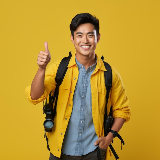 Handsome asian man smiling happily on yellow banner background