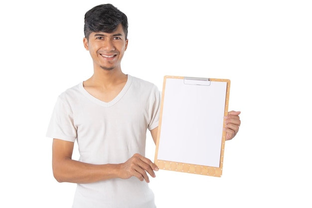 Handsome Asian man with finger point to clipboard