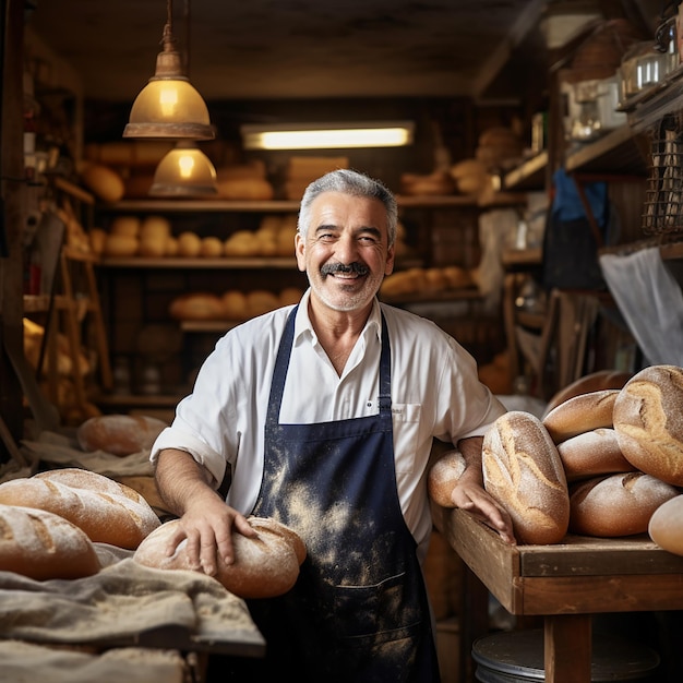 Handsome baker in uniform holding baguettes with bread shelves on the background