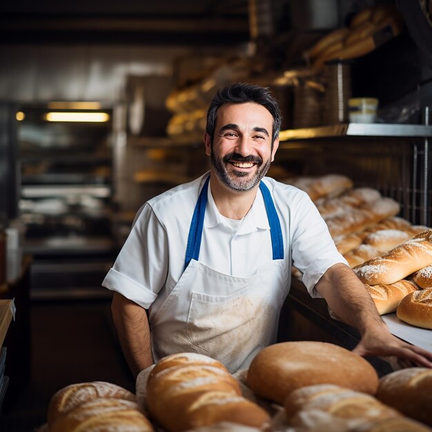 Handsome baker in uniform holding baguettes with bread shelves on the background
