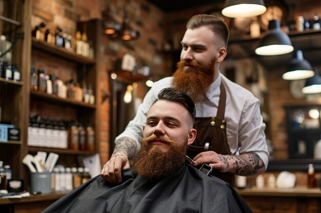 handsome barber and bearded man client in vintage barber shop