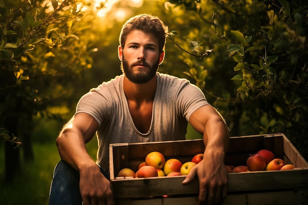handsome bearded farmer holding crate with fresh organic apples harvest concept