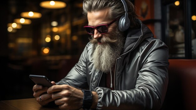 handsome bearded hipster man in sunglasses listening music in headphones while sitting outdoors on terrace