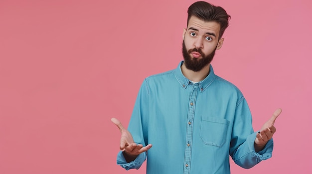 Handsome bearded male in casual blue shirt with worried expression signaling for additional time on pink backdrop