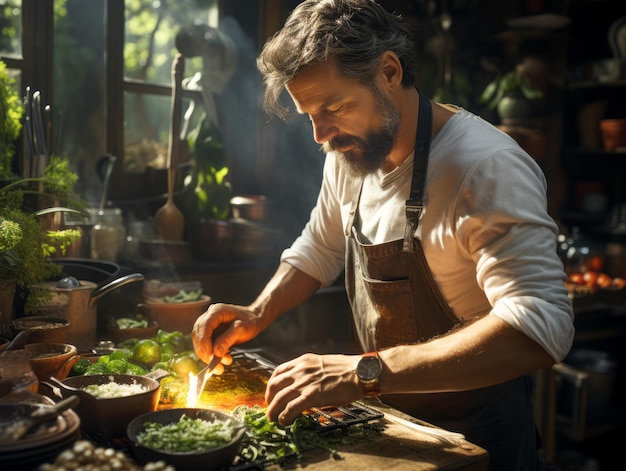 Handsome bearded man in apron making green salad in the kitchen Generative AI