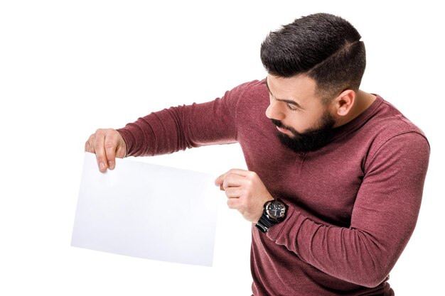 Handsome bearded man holding white card. empty blank board for text