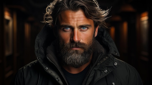 Photo handsome bearded man in leather jacket and mustache with long beard in stylish jacket with serious face