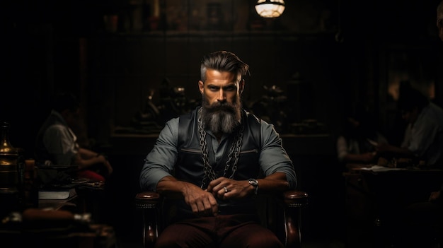 Красивый бородатый мужчина сидит в парикмахерской с цепью.