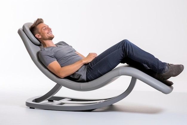 handsome bearded man stretching in grey armchair on white background