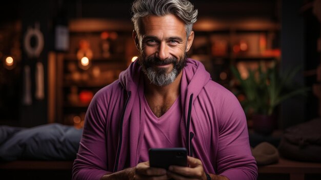 handsome bearded man in a stylish white shirt is using a smart phone in the background
