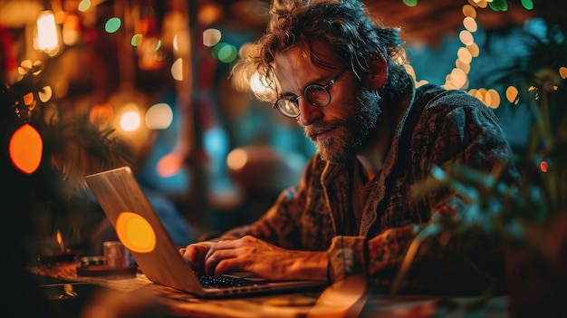 Красивый бородатый мужчина работает на ноутбуке в уютной домашней атмосфере