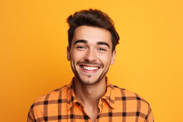 Handsome bearded posing against wearing check orange shirt on orange background