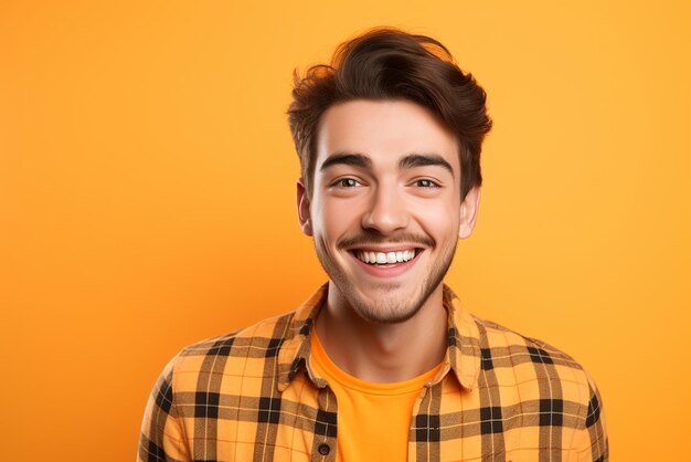Handsome bearded posing against wearing check orange shirt on orange background