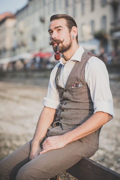 handsome big moustache hipster man