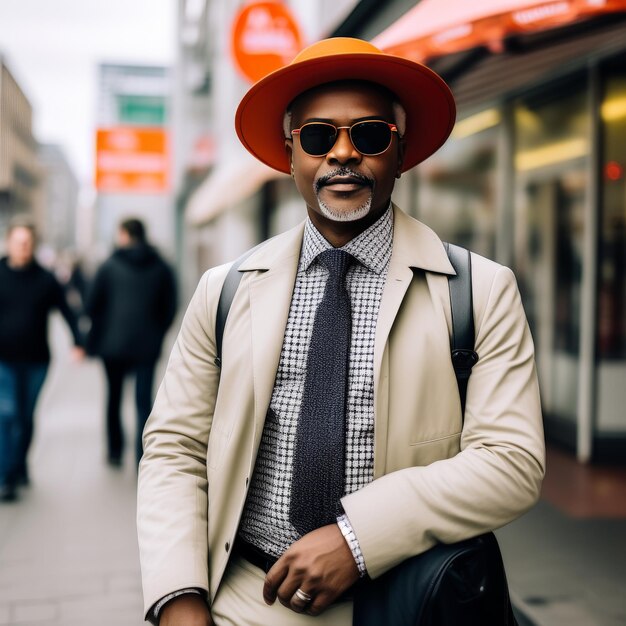美しい黒人ビジネスマンが街を歩いている 美しい黒人のビジネスマンが町を歩いている