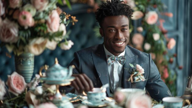 A handsome black man decked in a tailored suit and bow tie offers a charming smile as he holds a