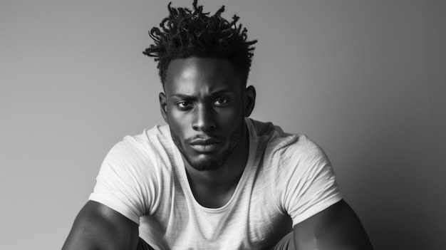 A handsome black man sits in a relaxed posture his hair styled in a neat under the black and white