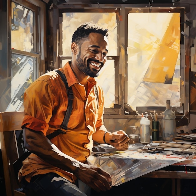 A handsome black man In the studio of the painting class AI